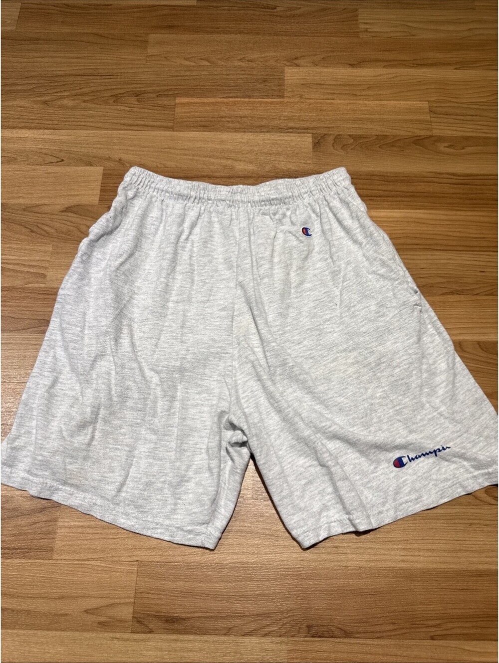 Vintage 90s Champion Mens L Distressed Spell Out Above Knee Shorts Heather Gray